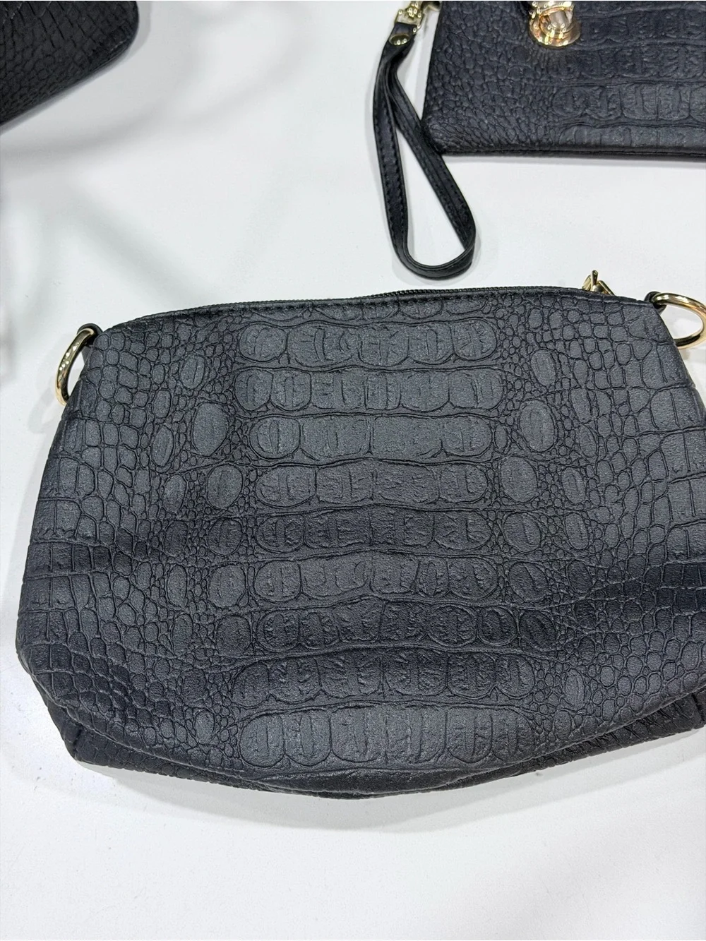 Structured Croc-Embossed Faux Leather Black Tote Bag with Gold Hardware - Picture 7 of 13